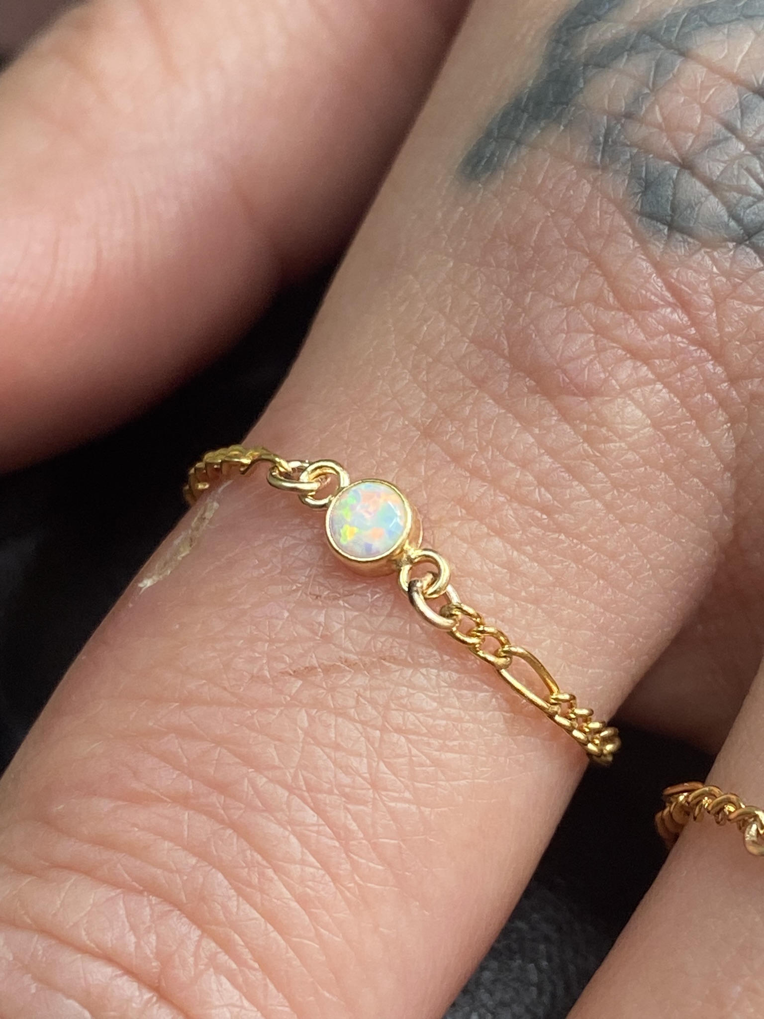 Gold Filled welded ring with white opal connector charm